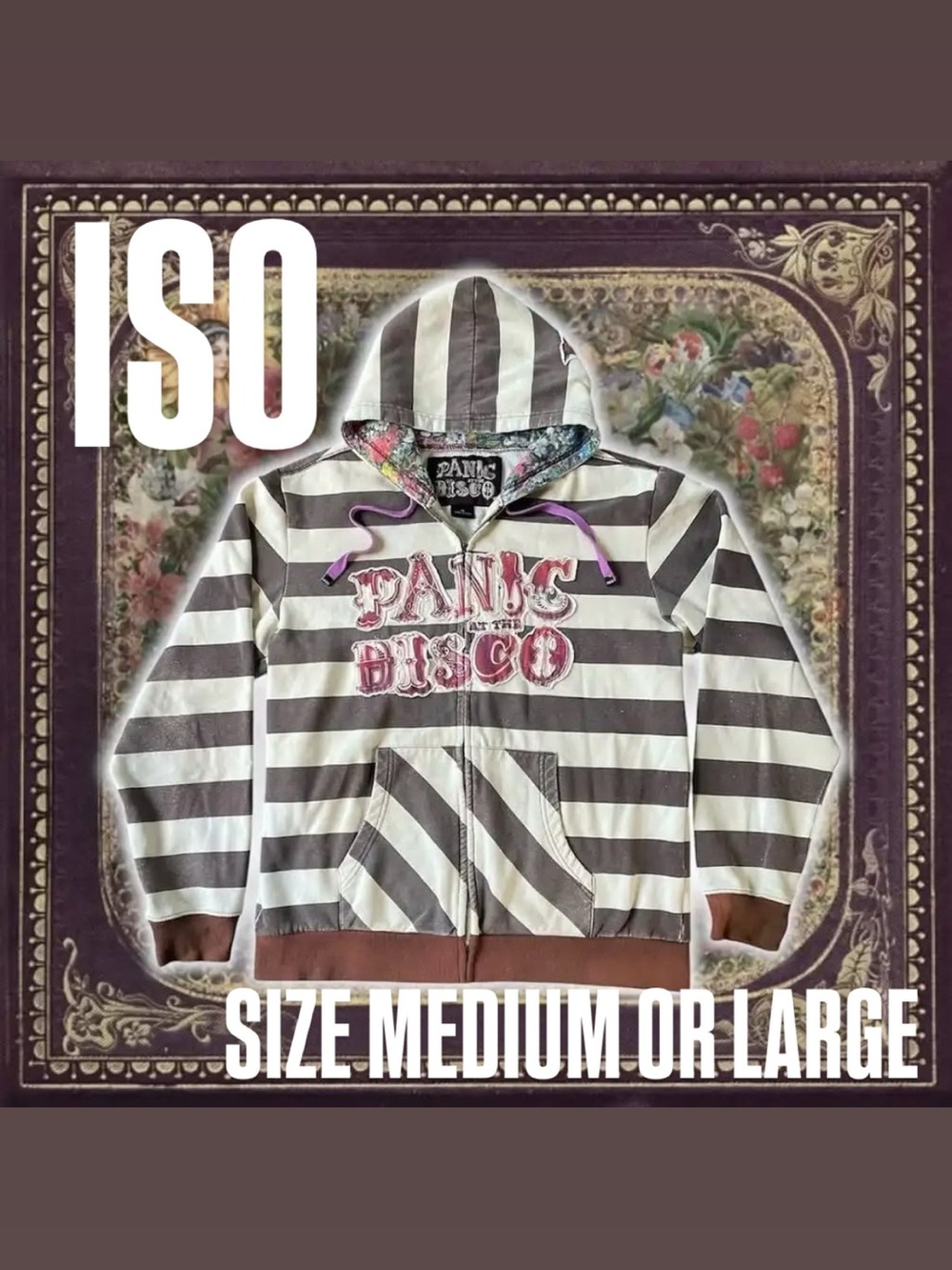ISO PLEASE REACH OUT Panic At The Disco Striped Zip Hoodie in White and Brown